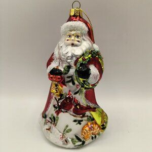 Hand-Painted Santa Claus Glass Ornament With Cardinals, Gold Accents & Glitter